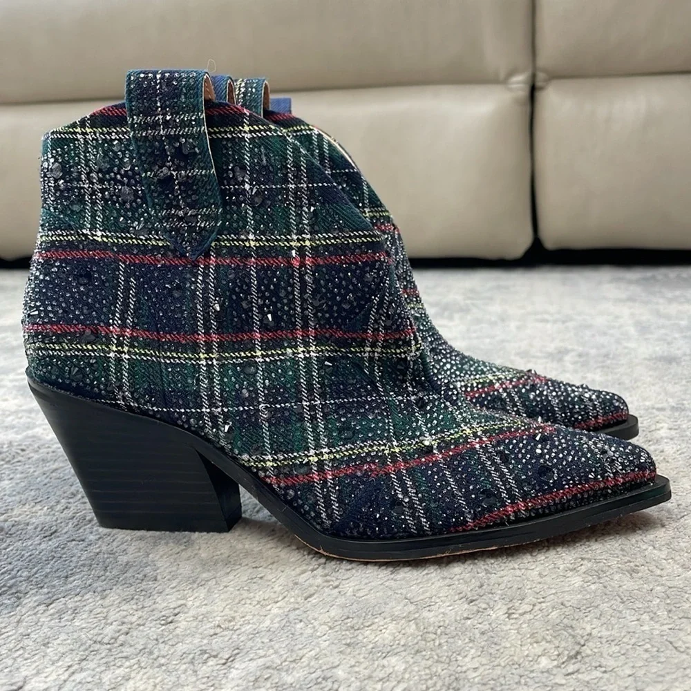 New Jessica Simpson Zadie Rhinestone Plaid Tartan Ankle Boots Western Sz 5.5